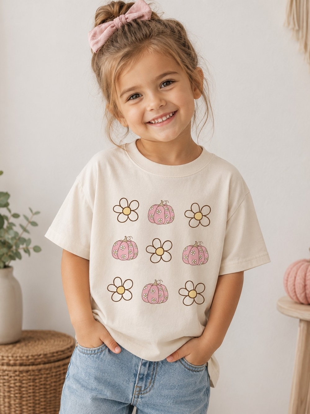 Girls Cream Graphic Tee with Pink Pumpkin & Flower Print